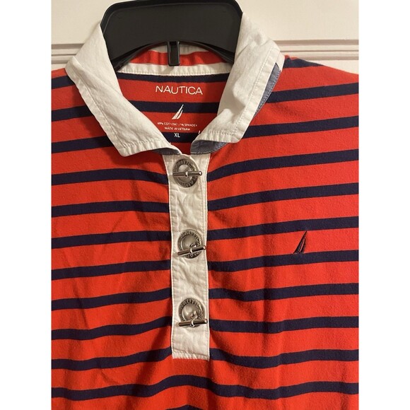 Nautica Women’s Quarter Sleeve Polo Shirt, Red And Navy Stripes With Toggles, XL - Picture 3 of 7